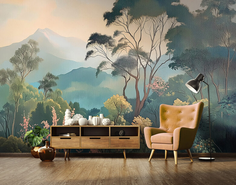 Wall Mural: Painted Forest Landscape with Mountains
