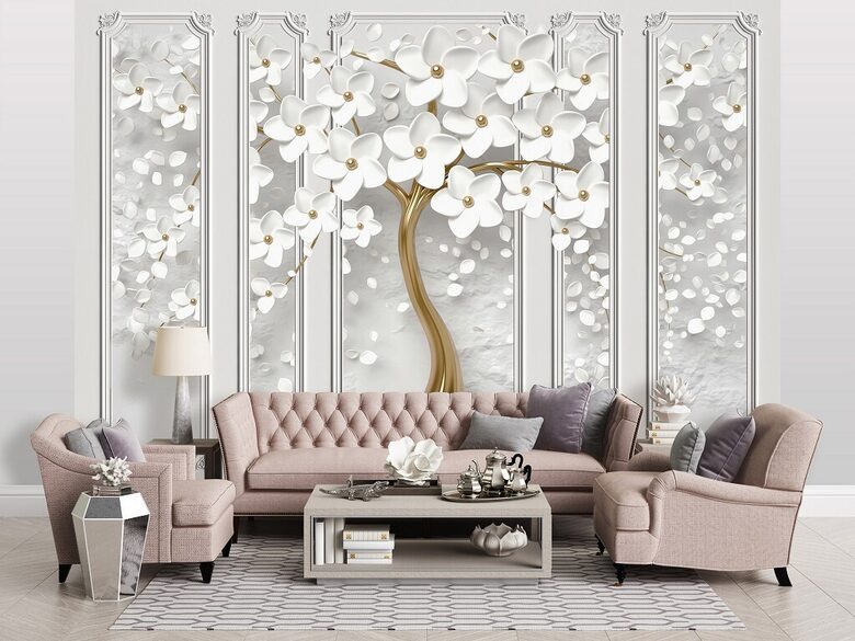 Фотообои: 3D Эффект С Белыми Цветами и Золотым Деревом 