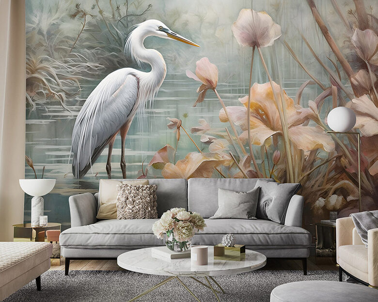 Фотообои: Живописная Белая Цапля У Цветов Лотоса 