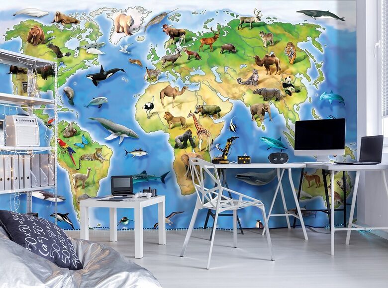 Fototapete: Pasaules Karte Ar Dzīvniekiem