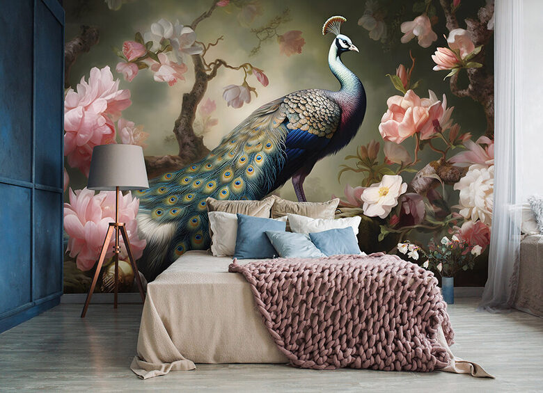 Wall Mural: Painterly Peacock on a Blooming Branch