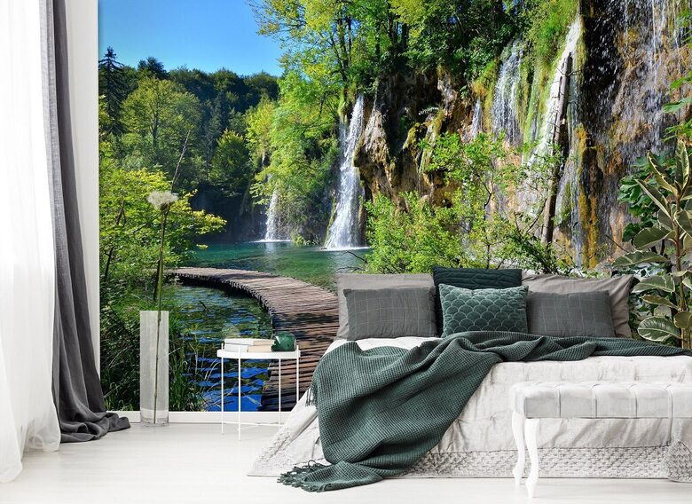 Wall Mural: Wooden Path by Waterfalls 