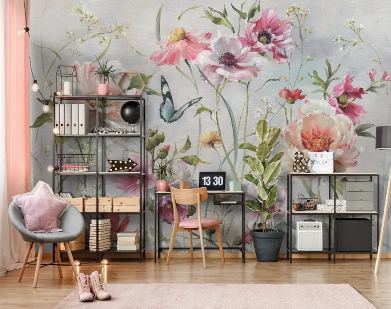 Фотообои: Акварельный Цветочный Луг С Бабочкой