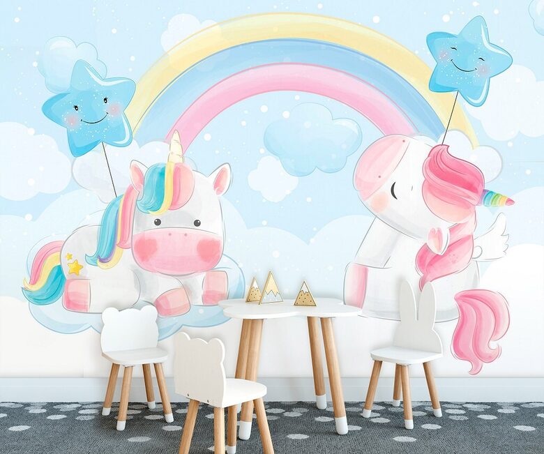 Fototapete: Mīlīgie Vienradži Ar Varavīksni 