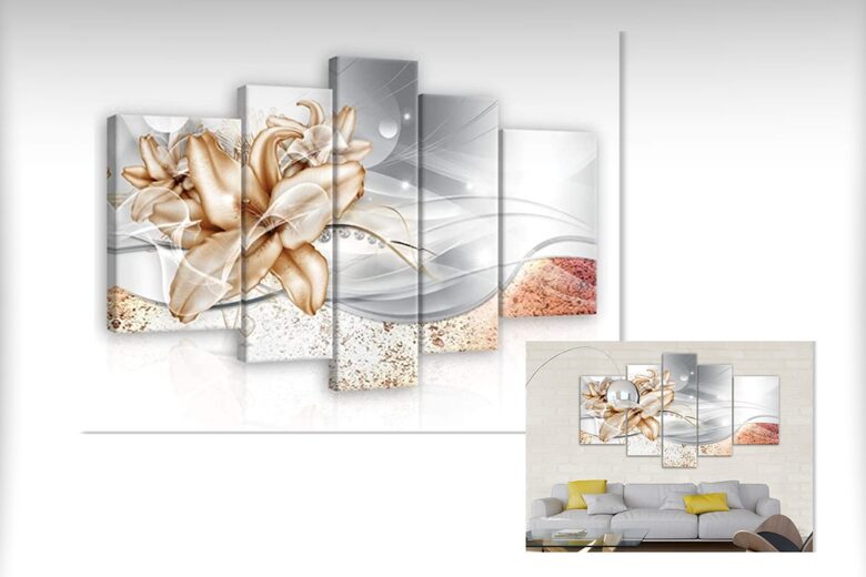 Canvas Set: Lily with Copper Glitter (5 Parts, Silver, Orange, Luxury Decor, Modern Abstract)
