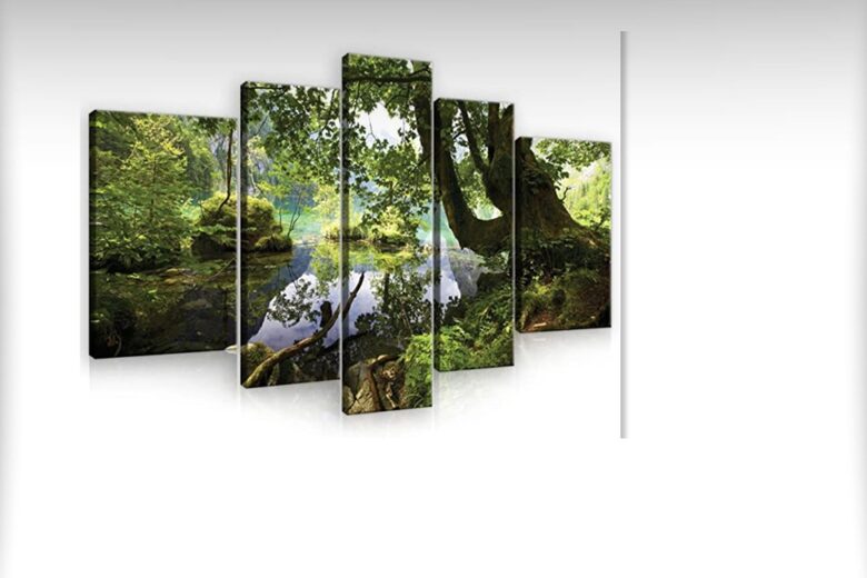 Canvas Set: Green Mountain Lake with Forest (5 Parts, Nature Landscape, Serenity, Reflections, Green)