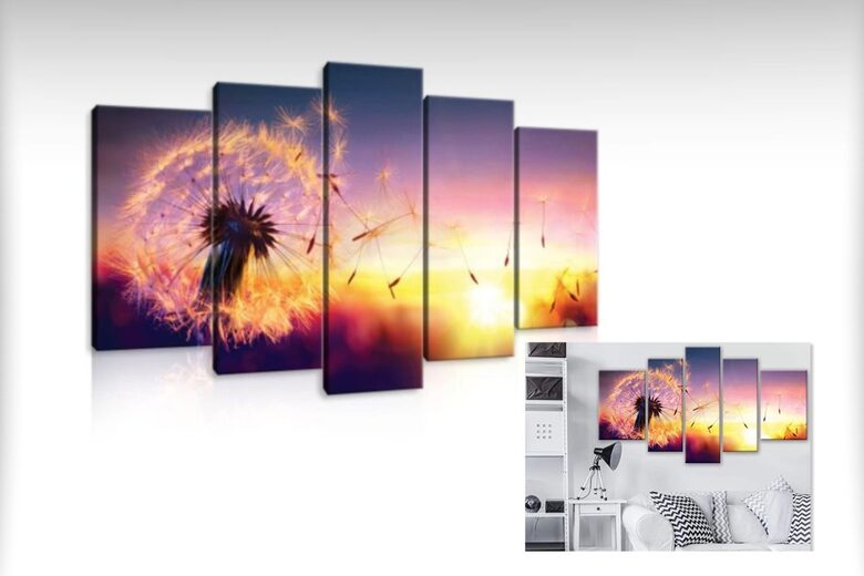Canvas Set: Dandelion Silhouette at Sunset (5 Parts, Purple, Yellow, Colorful, Serenity)