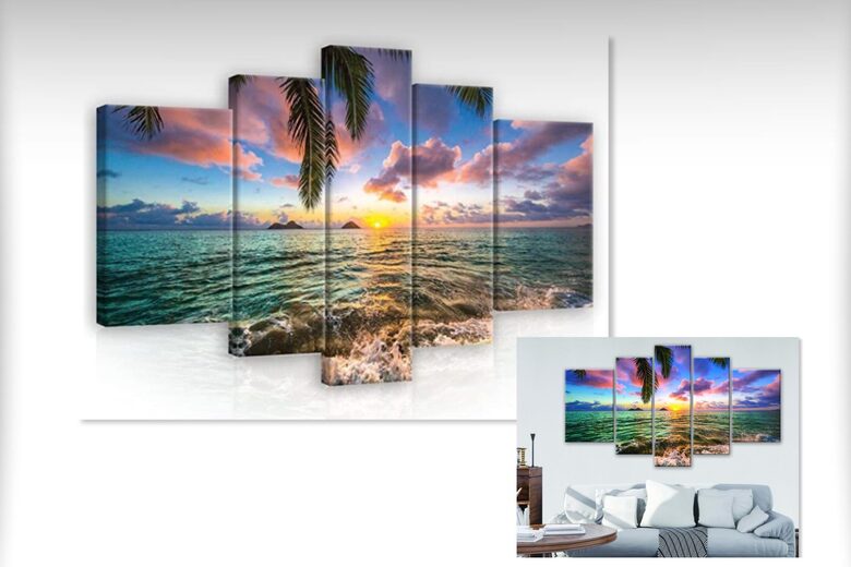 Canvas Set: Exotic Sunset Beach (5 Parts, Tropical Seascape, Palm Trees, Turquoise Ocean, Vivid Decor)
