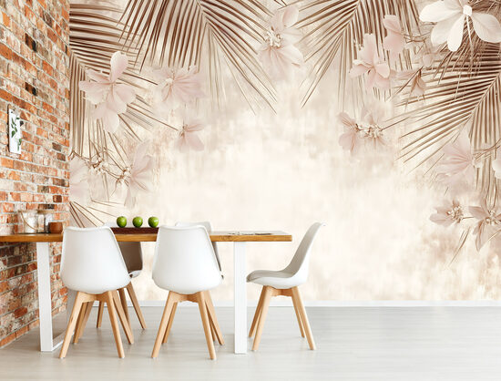 Fototapete - Tropiskās palmu lapas un ziedi krēmkrāsā (Kods:15392)