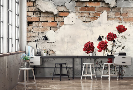 Fototapete - vintage, ķieģeļi ar ziediem (Kods:15455)