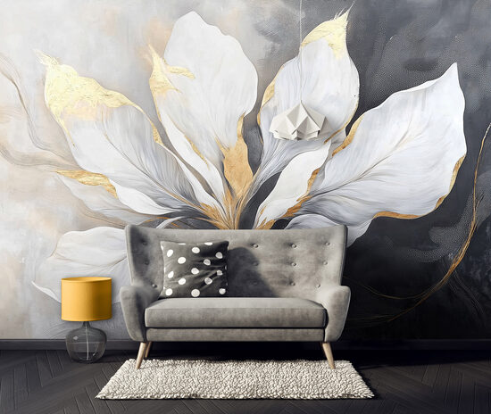 Fototapete - Mākslinieciski balti zelta ziedi uz tumša fona (Kods:15600)