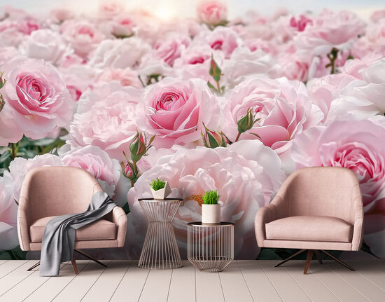 Fototapete - Maigi rozā rožu lauks (Kods:15624)