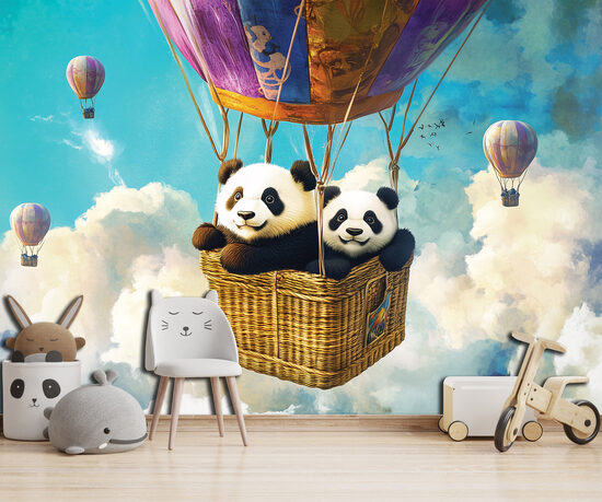 Fototapete bērniem - Pandas lācīši gaisa balonā (Kods:15629)