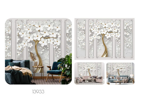 Fototapete - 3d zelta koks ar baltiem ziediem (Kods: PL 13933)