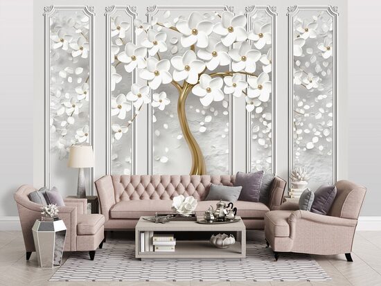 Fototapete: 3D Efekts Ar Baltiem Ziediem Un Zelta Koku 