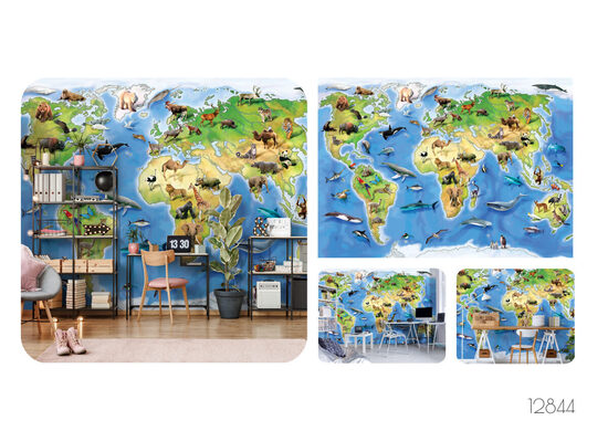 Fototapete - pasaules karte ar dzīvniekiem (Kods: PL 12844)