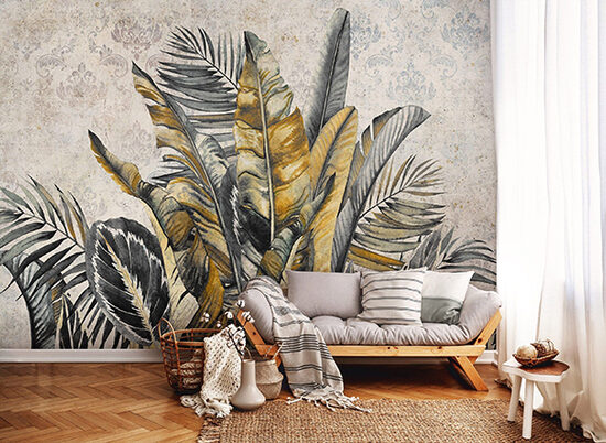 Fototapete: Tropiskās Lapas Uz Damasta Fona