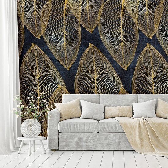 Fototapete: Zeltainas Lapas uz Tumša Fona 