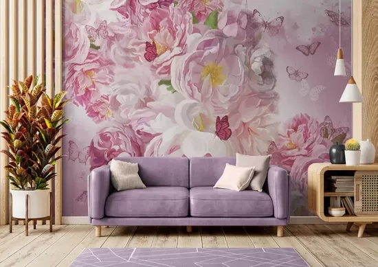 Fototapete: Peonijas Un Lidojoši Taureņi