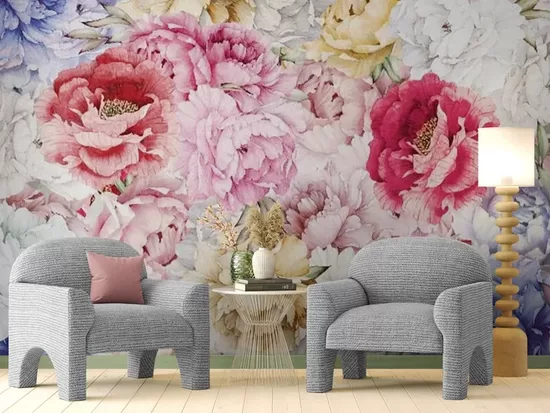 Fototapete: Krāsains Peoniju/Dāliju Akvareļa Klāsts 