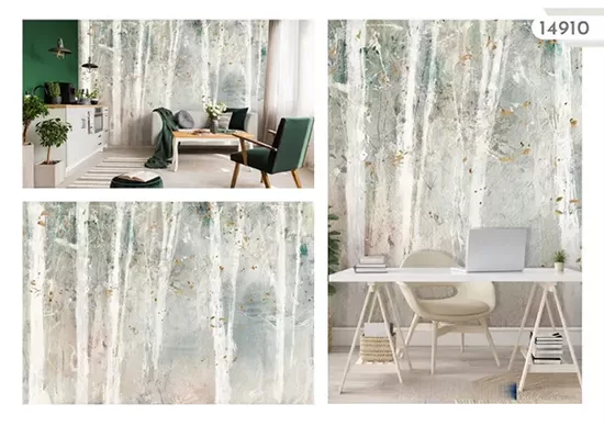 Non-woven Photo Wallpaper: Abstract Birch Forest (Watercolor, Winter Landscape, Grey-Green, Misty, Impressionism, Vertical Lines, Shabby Chic)