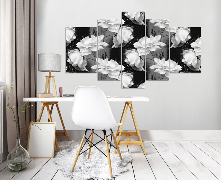 Audekla Kanvas Komplekts: Melnbaltas Rozes (5 Daļas, Grafisks Raksts, Augsts Kontrasts, Mūsdienīgs, Elegants)