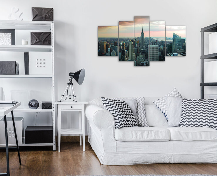 Audekla Kanvas Komplekts: Ņujorkas Panorāma Saulrietā (5 Daļas, Pilsētas Ainava, Empire State Building, Mūsdienu Dekors)