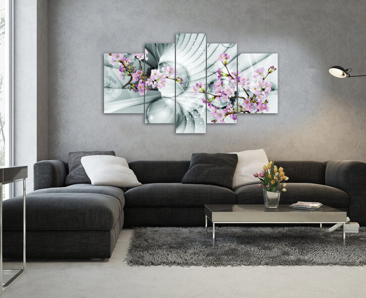 Audekla Kanvas Komplekts: Rozā Sakuras Ziedi uz Pelēka Abstrakta Fona (5 Daļas, Moderns, Romantisks, Elegants)