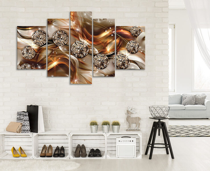 Audekla Kanvas Komplekts: Dimanti uz Zelta Abstrakta Fona (5 Daļas, Brūns, Mirdzums, Grezns, Luksuss)