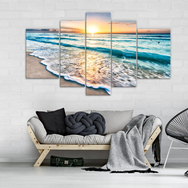 Canvas Set: Sunset by Sea Waves (5 Parts, Beach, Turquoise Water, Dynamic, Summer)