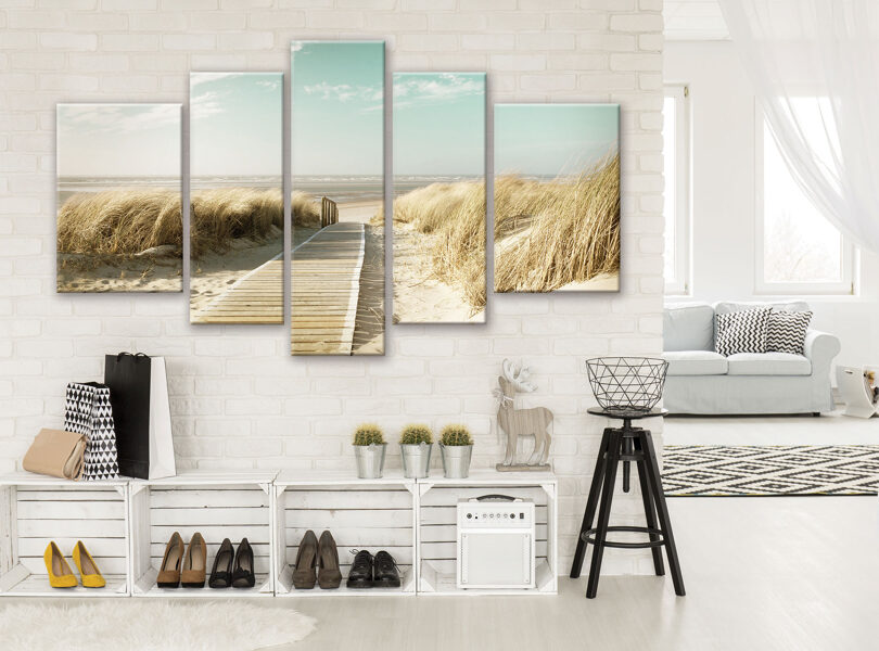 Audekla Kanvas Komplekts: Pludmales Celiņš (5 Daļas, Mierīga Jūras Ainava, Smilšu Kāpas, Tirkīza Debesis, Relaksējošs Dekors)