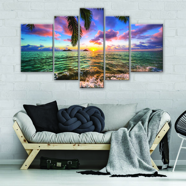 Canvas Set: Exotic Sunset Beach (5 Parts, Tropical Seascape, Palm Trees, Turquoise Ocean, Vivid Decor)