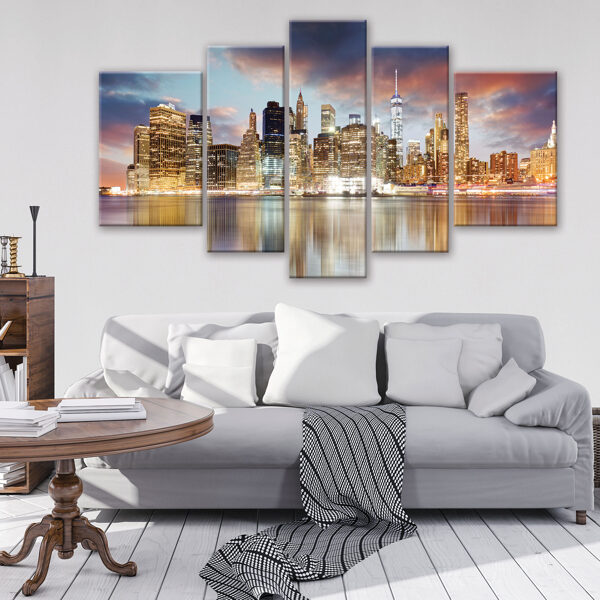 Audekla Kanvas Komplekts: Ņujorkas Panorāma Krēslā ar Atspulgu (5 Daļas, Pilsētas Ainava, Moderns, Romantisks)