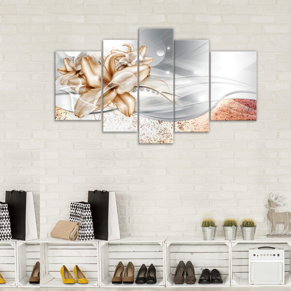 Canvas Set: Lily with Copper Glitter (5 Parts, Silver, Orange, Luxury Decor, Modern Abstract)