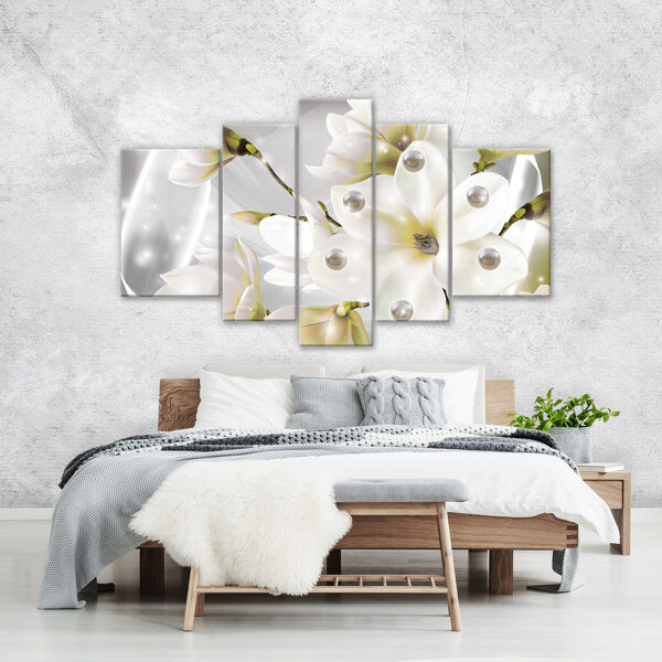 Audekla Kanvas Komplekts: Baltas Magnolijas ar Pērlēm (5 Daļas, Sudraba Fons, Elegants Ziedu Dekors)