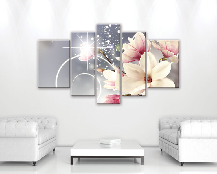 Canvas Set: Magnolia Flowers with Glitter (5 Parts, Gray, Pink, Elegance, Floral Luxury)