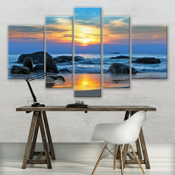 Audekla Kanvas Komplekts: Debešķīgs Saulriets Virs Akmeņainas Jūras (5 Daļas, Košs, Violets un Oranžs Kontrasts, Dabas Ainava)