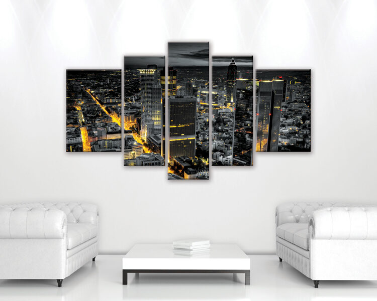 Audekla Kanvas Komplekts: Nakts Pilsētas Panorāma ar Zeltītu Gaismu (5 Daļas, Melnbalts, Urbāns, Mūsdienīgs)