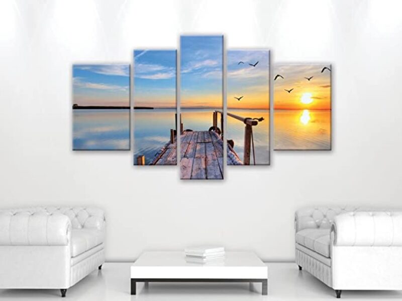 Canvas Set: Sunset Over Pier (5 Parts, Wooden Jetty, Sea/Lake, Orange Light, Serenity, Landscape)