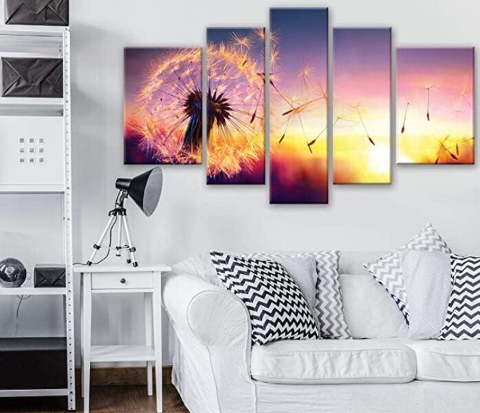 Canvas Set: Dandelion Silhouette at Sunset (5 Parts, Purple, Yellow, Colorful, Serenity)