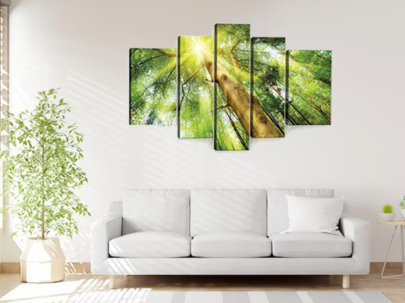 Canvas Set: Forest with Sun Rays (5 Parts, Green Foliage, Tree Trunks, Nature Landscape, Serenity)