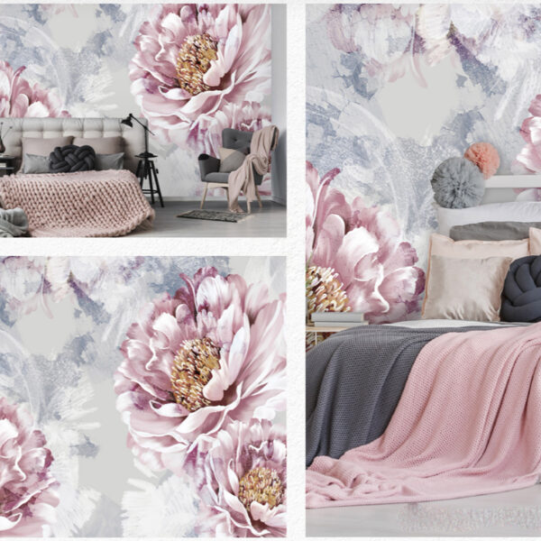 Lielas foto tapetes ar ziedu motīviem guļamistabai