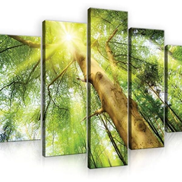 5 panel canvas, wrapped around the frame, the sun in the forest between the trees