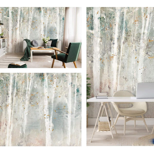 Painted birch trees, non-woven photo wallpapers on the entire wall, a sample of the interi