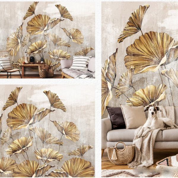 Room interior with golden brown accents, floral motif and pastel photo wallpaper