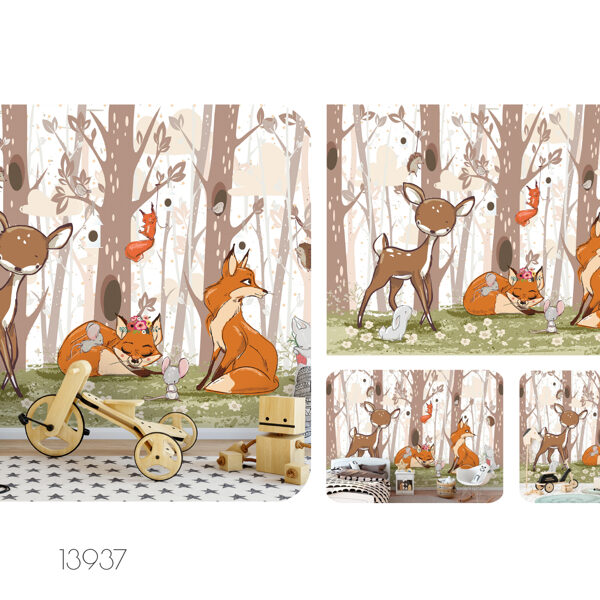 Create an interior in children's rooms with cute forest animals. A wallpaper that will mak
