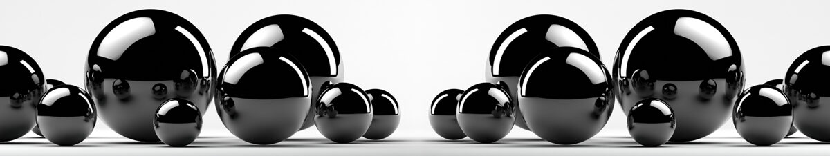 Stikla panelis (ID 27): Spoguļgludas, mirdzošas melnas sfēras uz balta fona