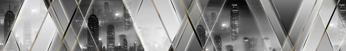 Stikla panelis (ID CK 1069): Abstrakts debesskrāpju fons, ko šķērso trijstūru dizains